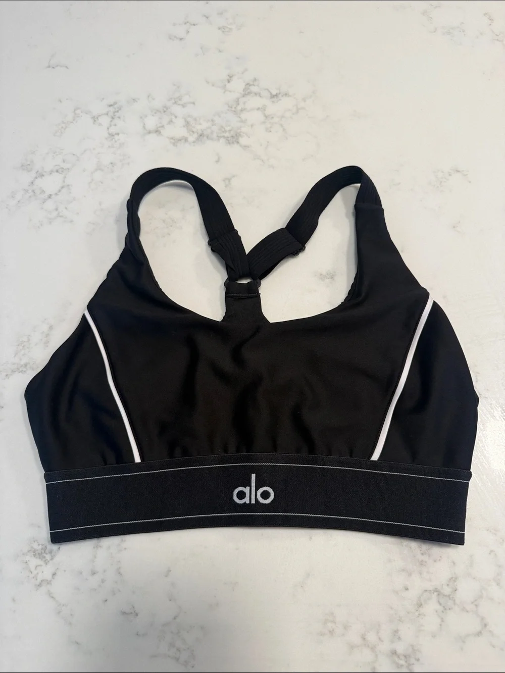 ALO Yoga Black Sports Bra with White Piping - Picture 1 of 2